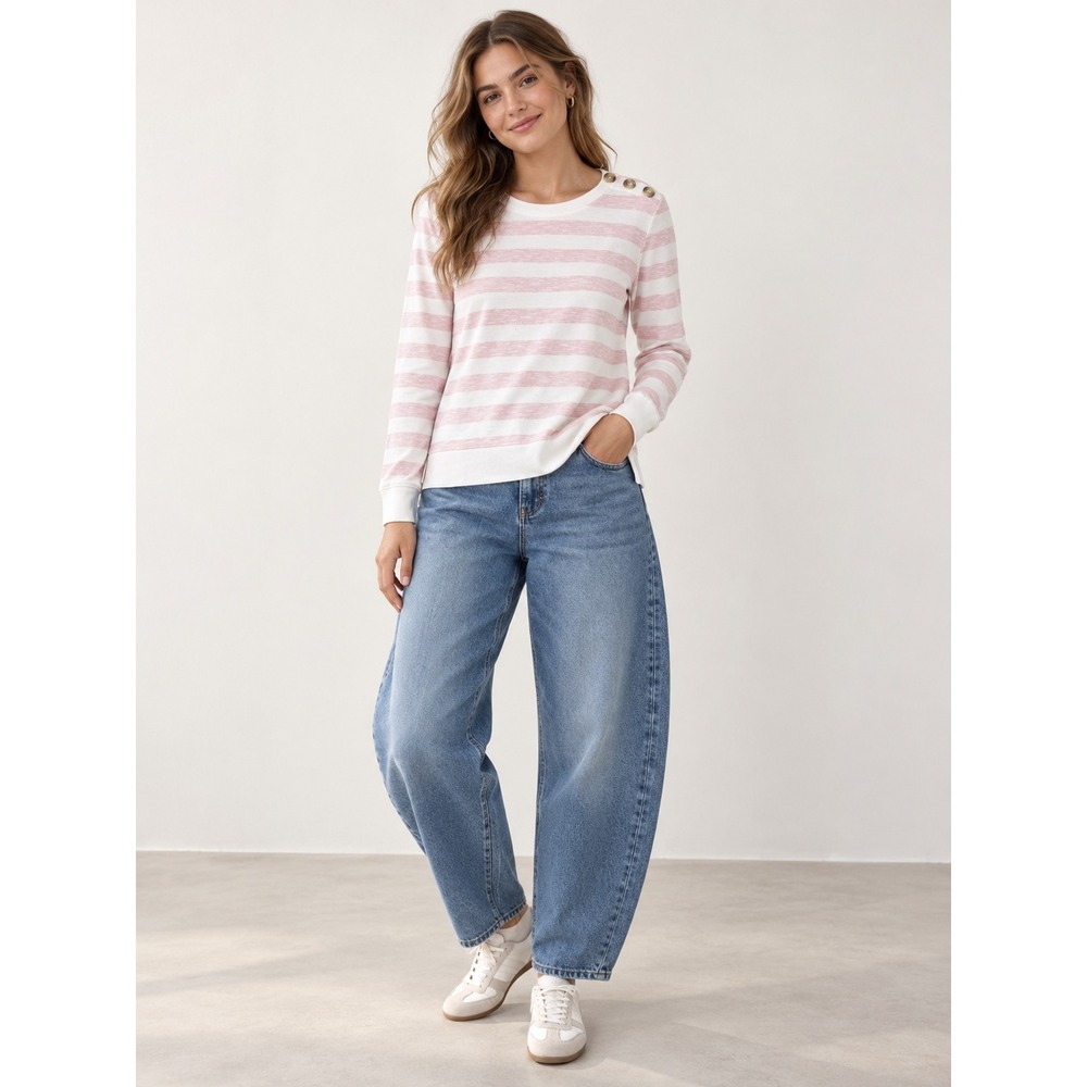 Talbots Pink White Striped Shoulder Button French Terry Sweatshirt Small F98